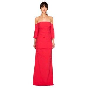 Nicole Miller Dress Women 10 Red Crepe Off Shoulder Pleated Sleeve Ruched Gown